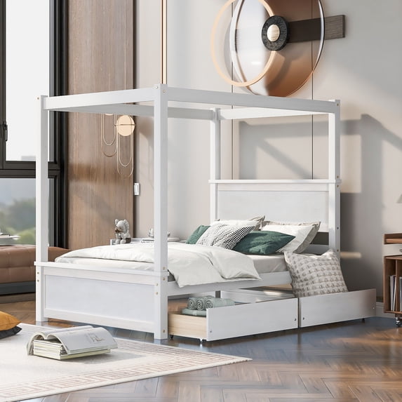 Gewnee Wood Canopy Bed,Full Size Platform Bed Frame with Two Drawers and Headboard,White