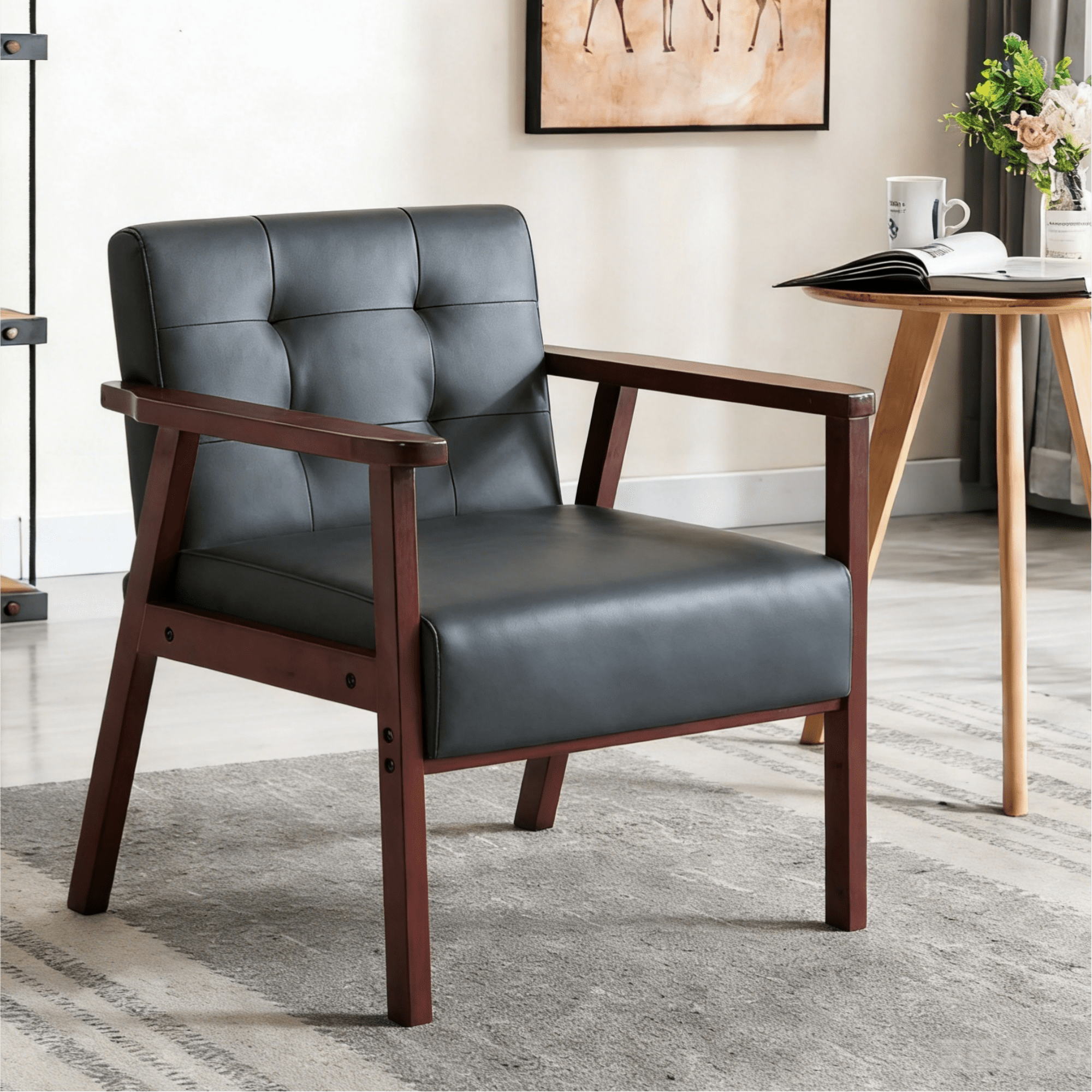 Gewnee Wood Frame Accent Armchair,Comfortable Backrest with Anti-Slip Leg Pads,Easy to Assemble,Suitable for Living Room,Bedroom,Office.Black PU
