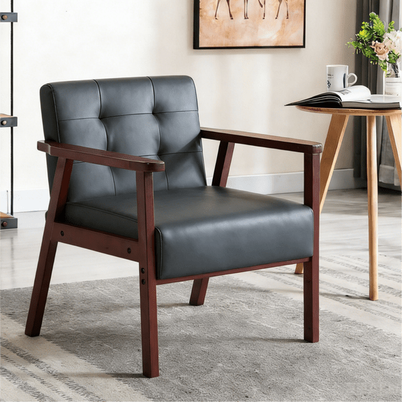 Gewnee Wood Frame Accent Armchair,Comfortable Backrest with Anti-Slip Leg Pads,Easy to Assemble,Suitable for Living Room,Bedroom,Office.Black PU