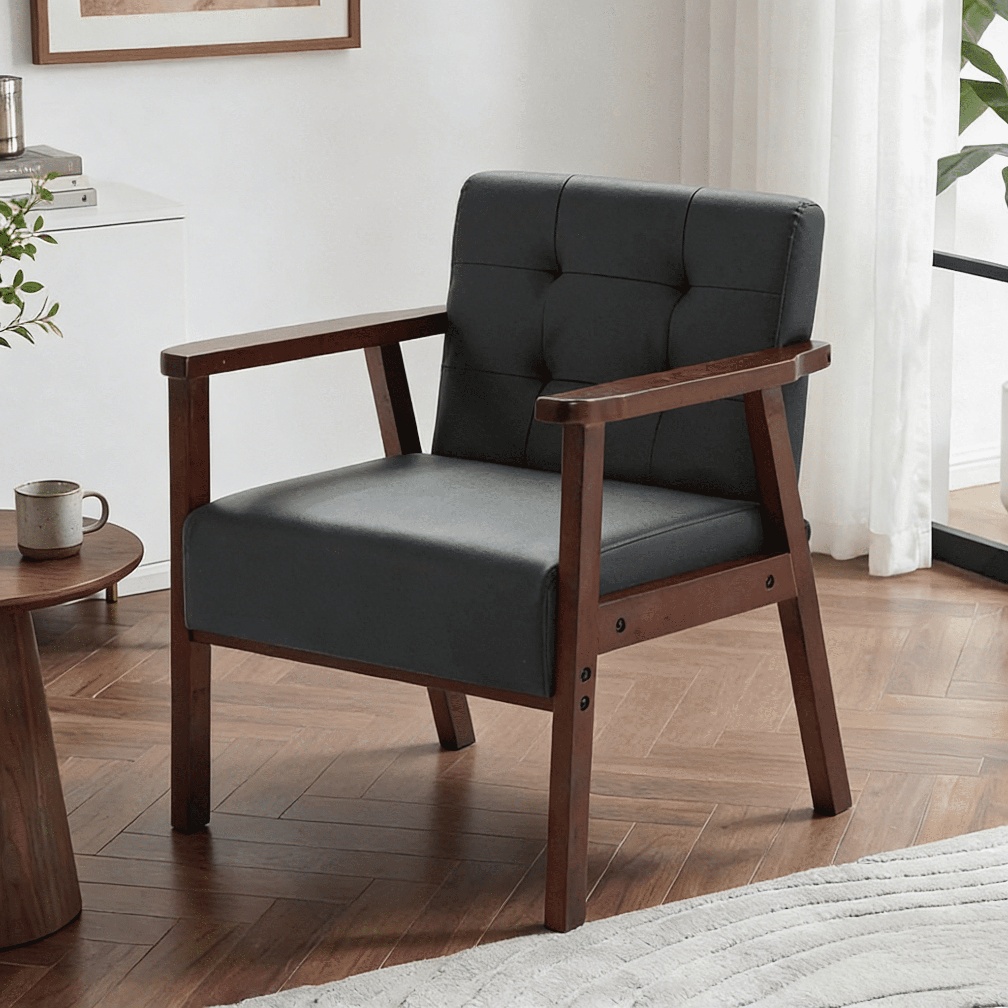 Gewnee Wood Frame Accent Armchair with Anti-Slip Foot Pads, for Living Room, Bedroom and Office, Black PU