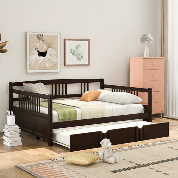 Gewnee Wood Full Size Daybed with Twin Size Trundle, Day Bed Sofa Bed for Bedroom Room,Espresso