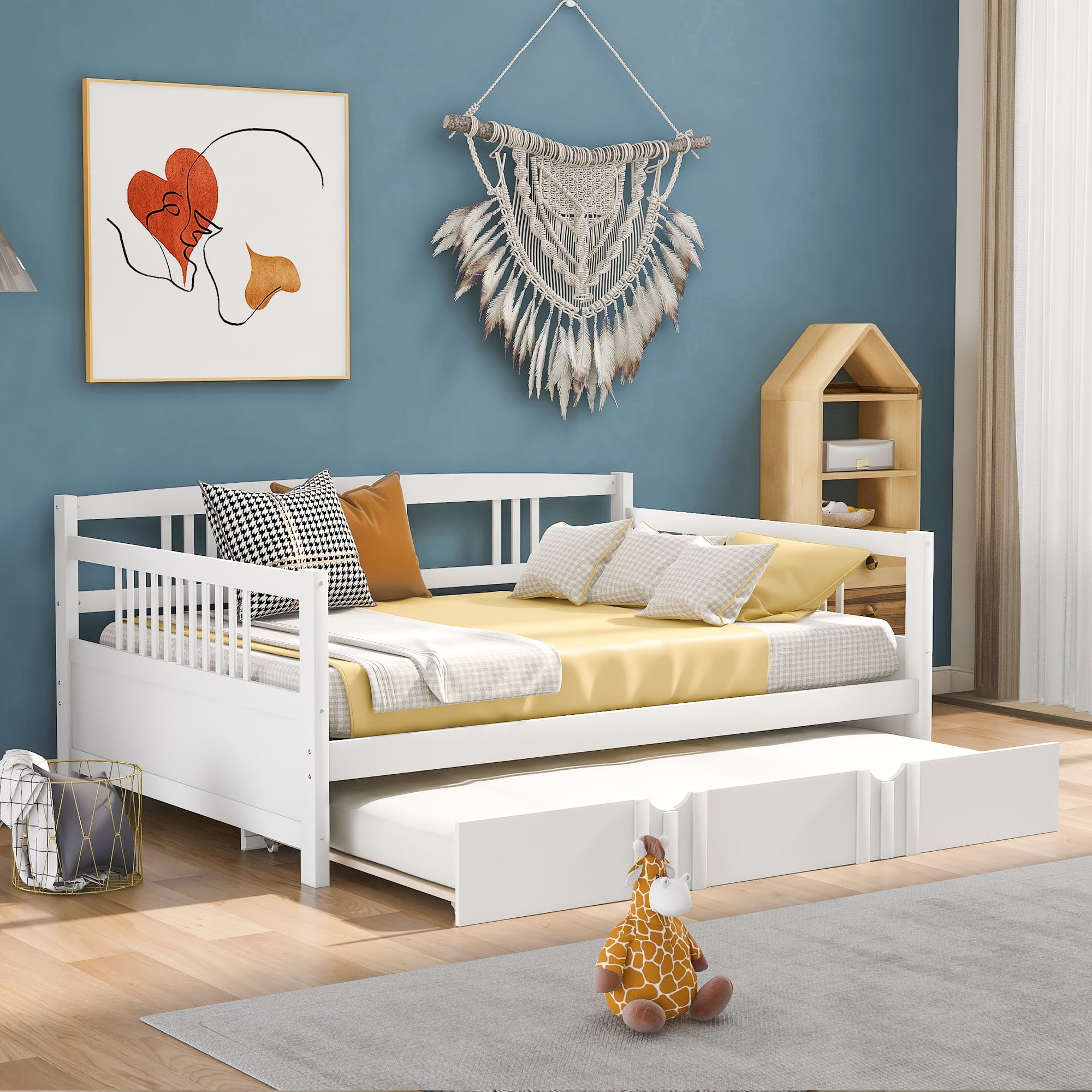 Gewnee Wood Full Size Daybed with Twin Size Trundle,Day Bed Sofa Bed for Bedroom Room,White