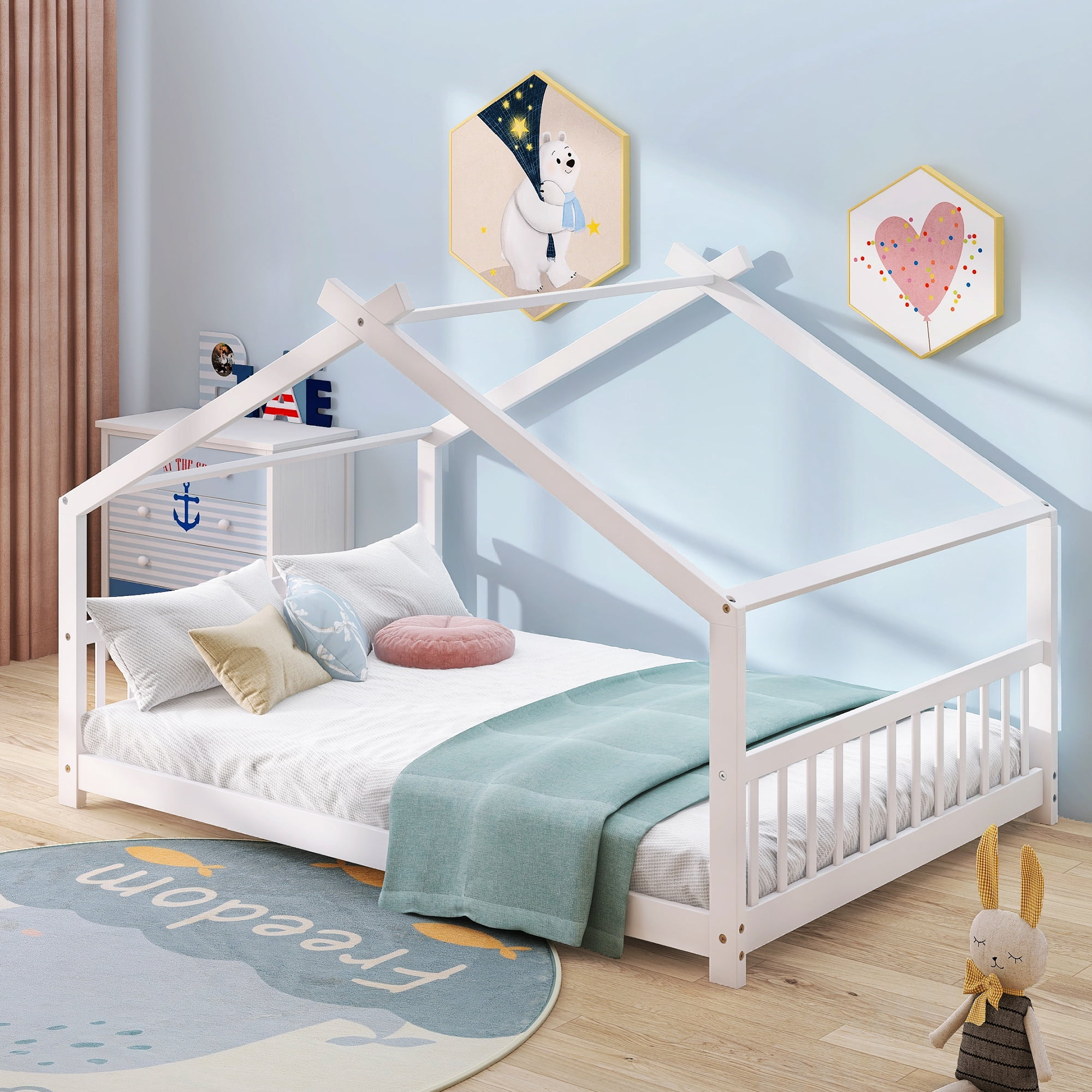 Gewnee Wood Full Size House-Shaped Platform Bed with Headboard and Footboard for Kids,White