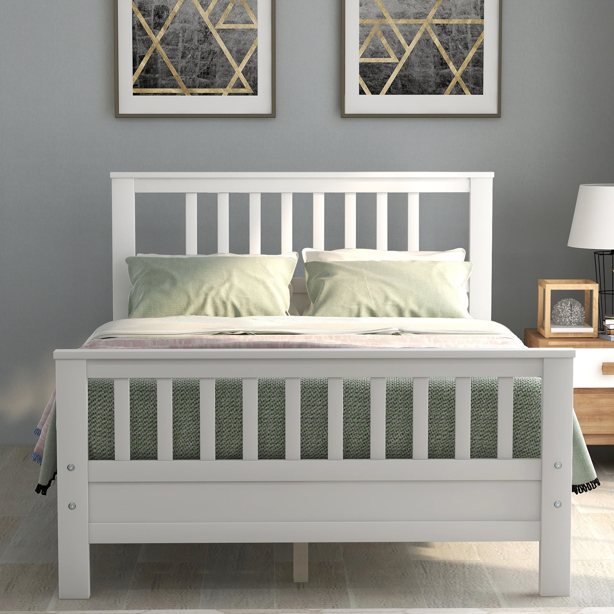 Gewnee Wood Full Size Platform Bed Frame with Headboard and Footboard for Kids,Teens,Adults,White