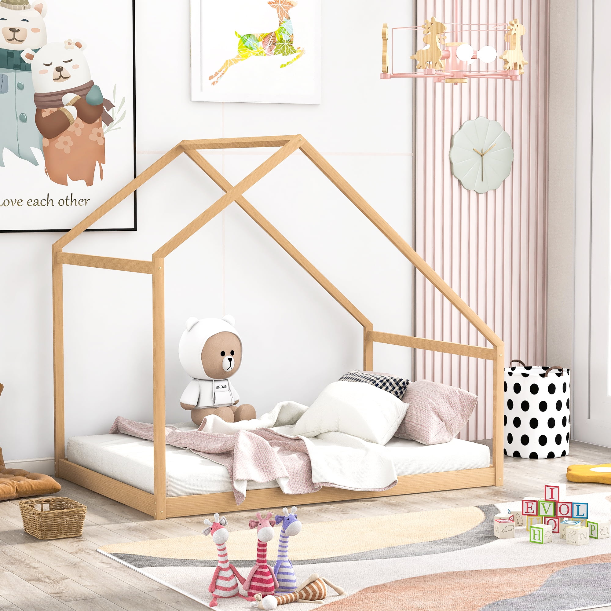 Gewnee Wood House Bed,Full Size Montessori Wood Bed Frame with Roof for Kids Toddlers,Natural