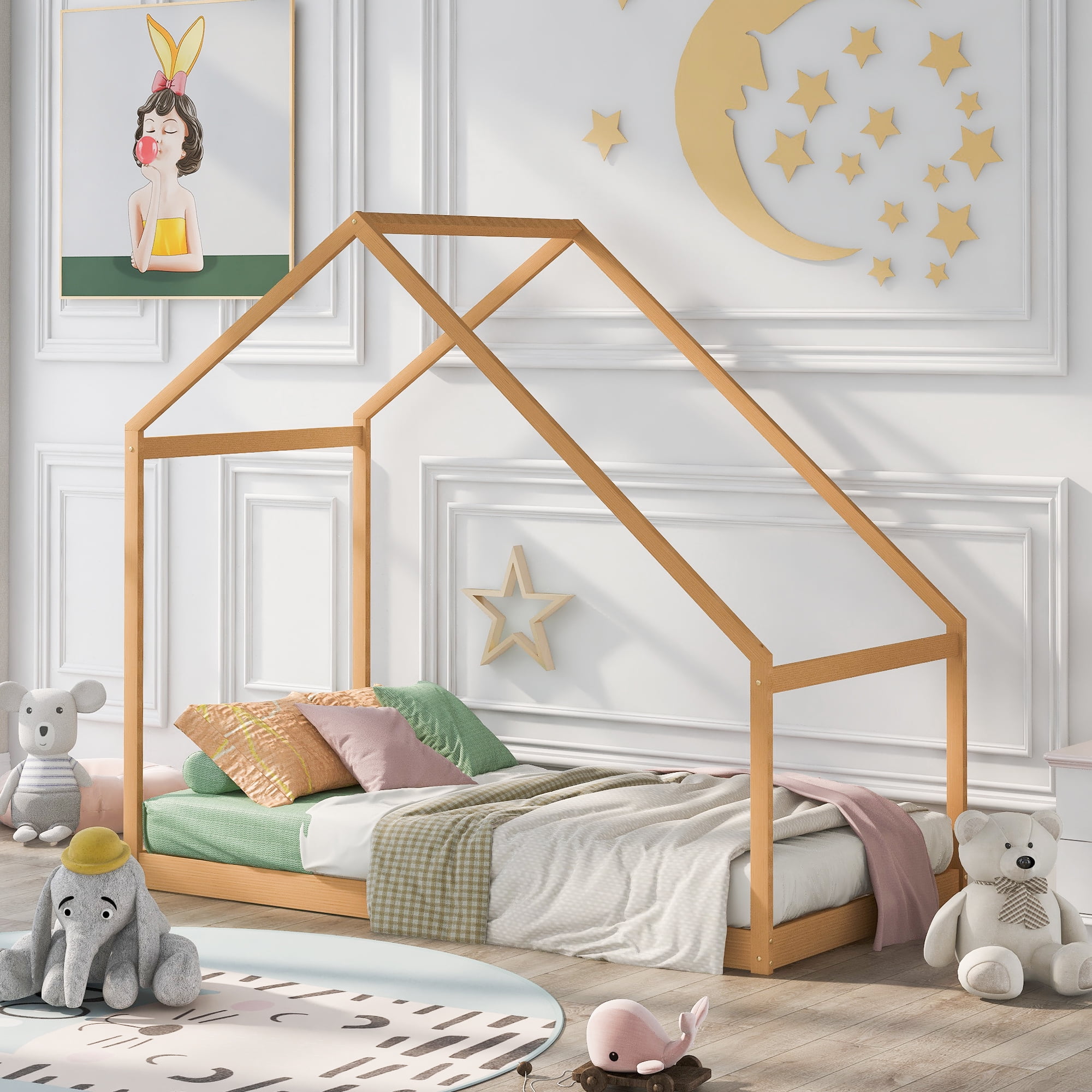 Gewnee Wood House Bed,Twin Size Montessori Wood Bed Frame with Roof for Kids Toddlers,Natural