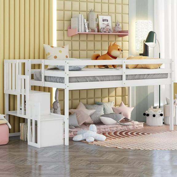 Gewnee Wood Twin Low Loft Bed with Storage Staircase and Safety Guardrails for Kids,White