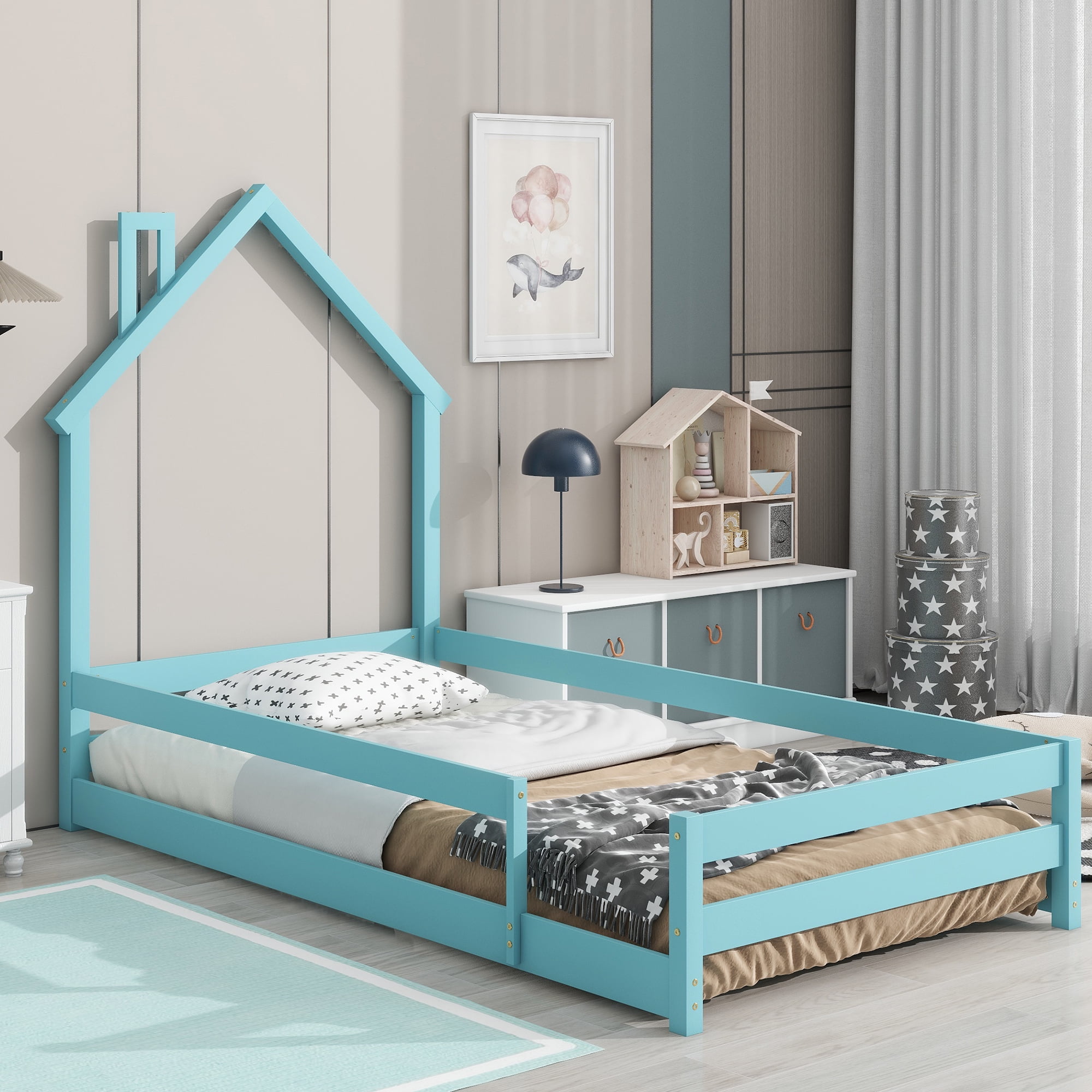 Gewnee Wood Twin Size House-Shaped Platform Bed with Headboard for Kids,Blue