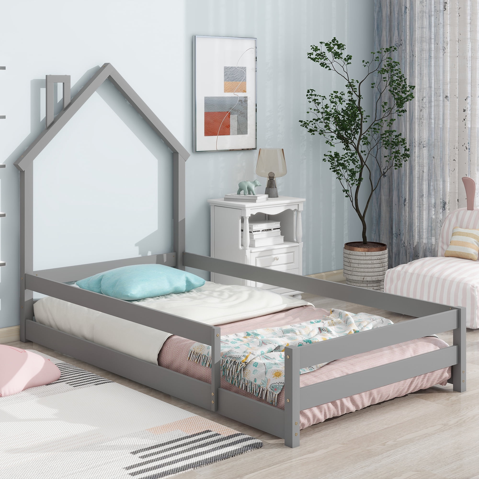 Gewnee Twin Size Wooden Children's Bed with House Shape Headboard, Fenced Floor Bed,  Gray