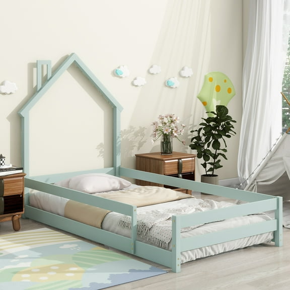 Gewnee Wood Twin Size House-Shaped Platform Bed with Headboard for Kids,Green