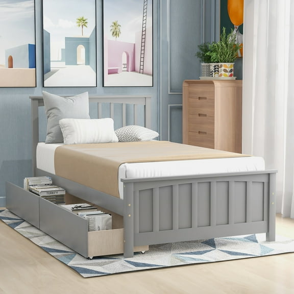 Gewnee Wood Twin Size Platform Bed with Headboard and 2 Storage Drawers for Kids,Gray