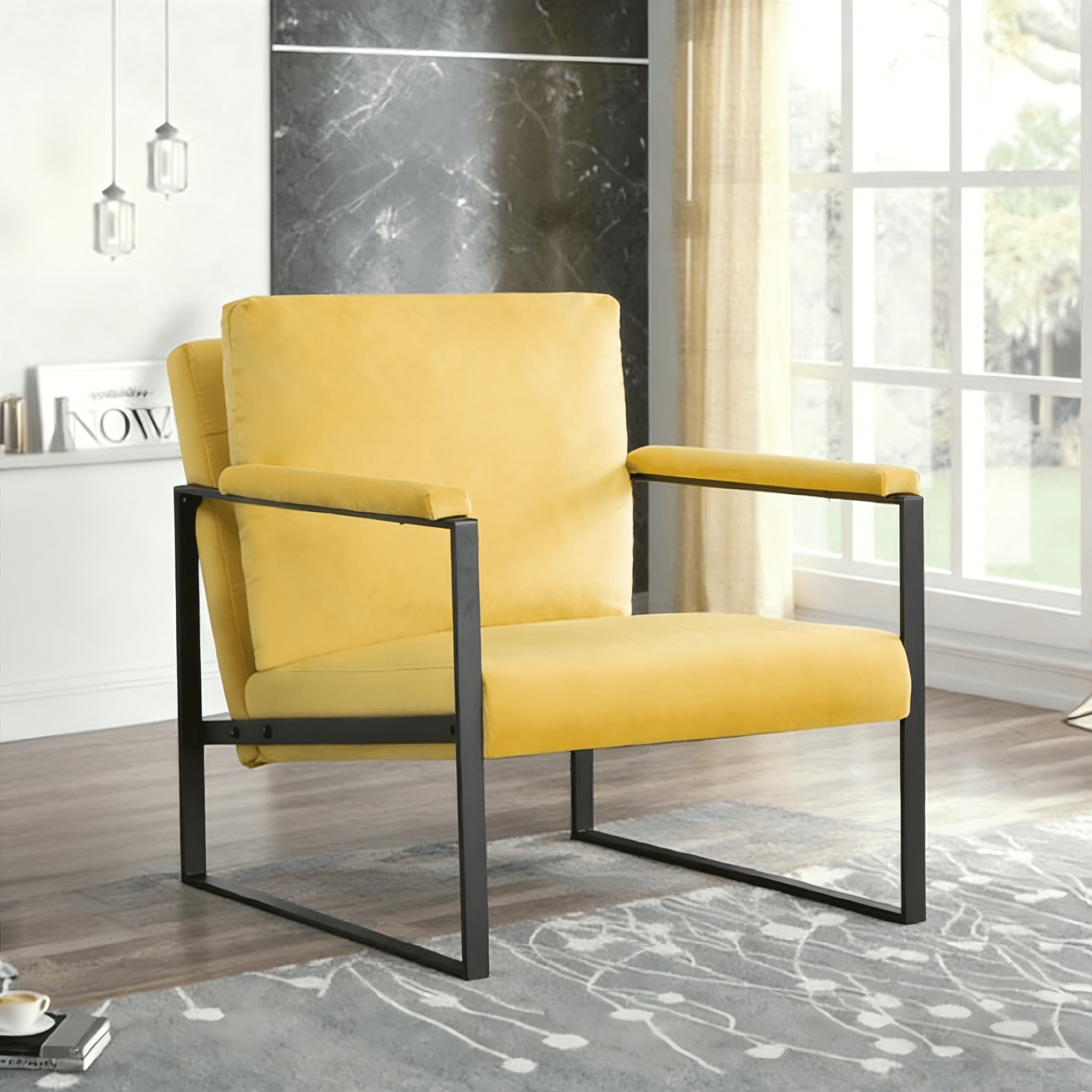 Gewnee Yellow 26.8” Metal Frame Accent Armchair, Velvet Upholstery with Removable Cushion for Living Room Den