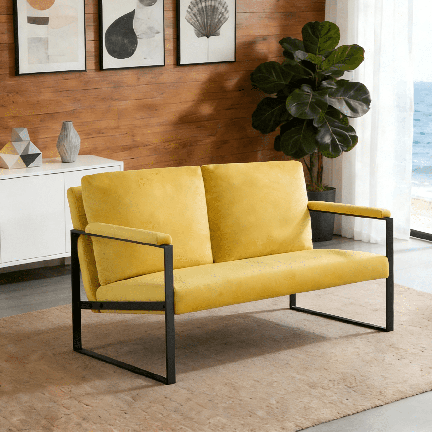 Gewnee Yellow 49.2" Metal Frame Loveseat Velvet Upholstered Sofa for Living Room Bedroom