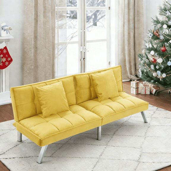 Gewnee Yellow 73” Convertible Velvet Tufted Futon Sofa Bed, Sleeper with Metal Legs for Home & Office
