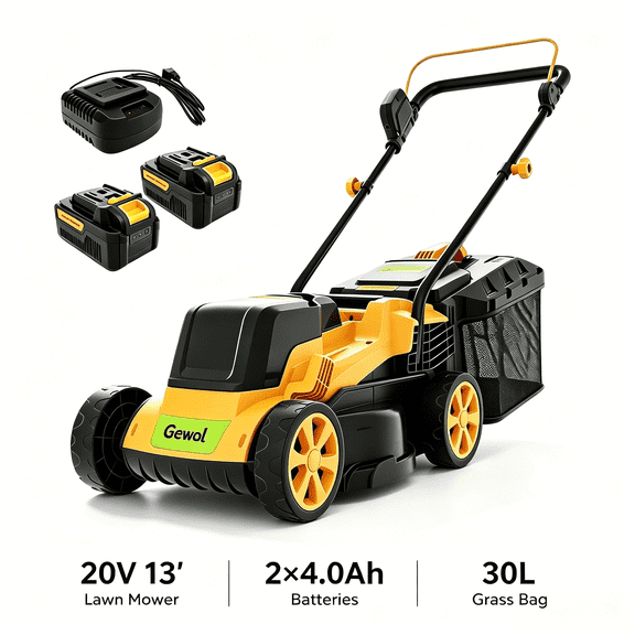 Gewol 20V 13" Cordless Lawn Mower, Push Mower 5-Position Height Adjustment Ultralight with 24.0Ah Batteries & Fast Charger