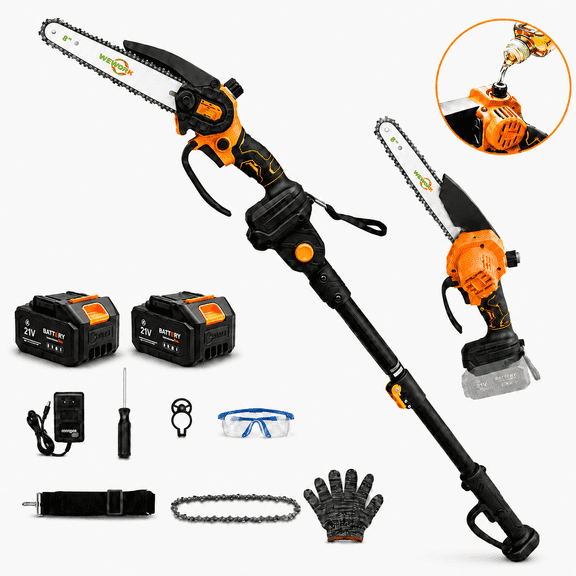 Gewol 2in1 Cordless Pole Saw, 8" Electric Brushless Chainsaw for Tree Trimming, 21V Battery 13.2ft Max Reach, 2×2000mAh Batteries & Charger
