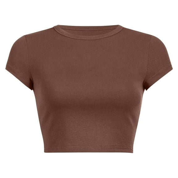 Gewsdrf Crop Tops,Tshirts Shirts for Women,Women's Round Neck Summer Solid Color Short T Shirt,Cute Tops,Summer Tops,Womens T Shirts,Brown 2,S