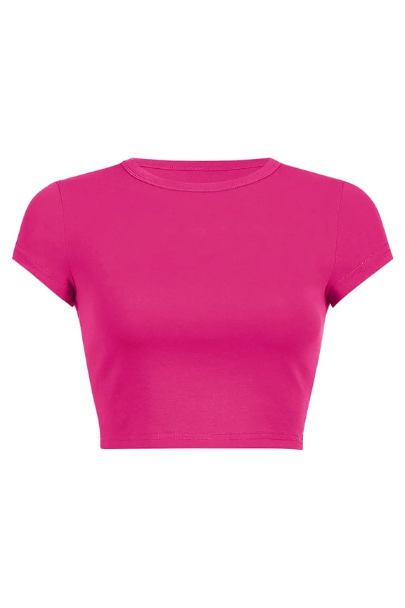 Crop Tops,Tshirts Shirts for Women,Women's Round Neck Summer Solid Color Short T Shirt,Cute Tops,Summer Tops,Womens T Shirts,Hot Pink,XL