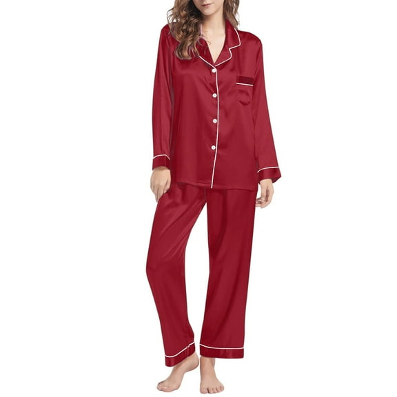 Gewsdrf Silk Pajamas,Womens Pajama Sets,Womens Silk Like Pajamas Long Sleeve Set Two Sleepwear Button Down Nightwear Loungewear Sets,Satin Pajama Set,Pj Sets,Summer Pajamas,C,M