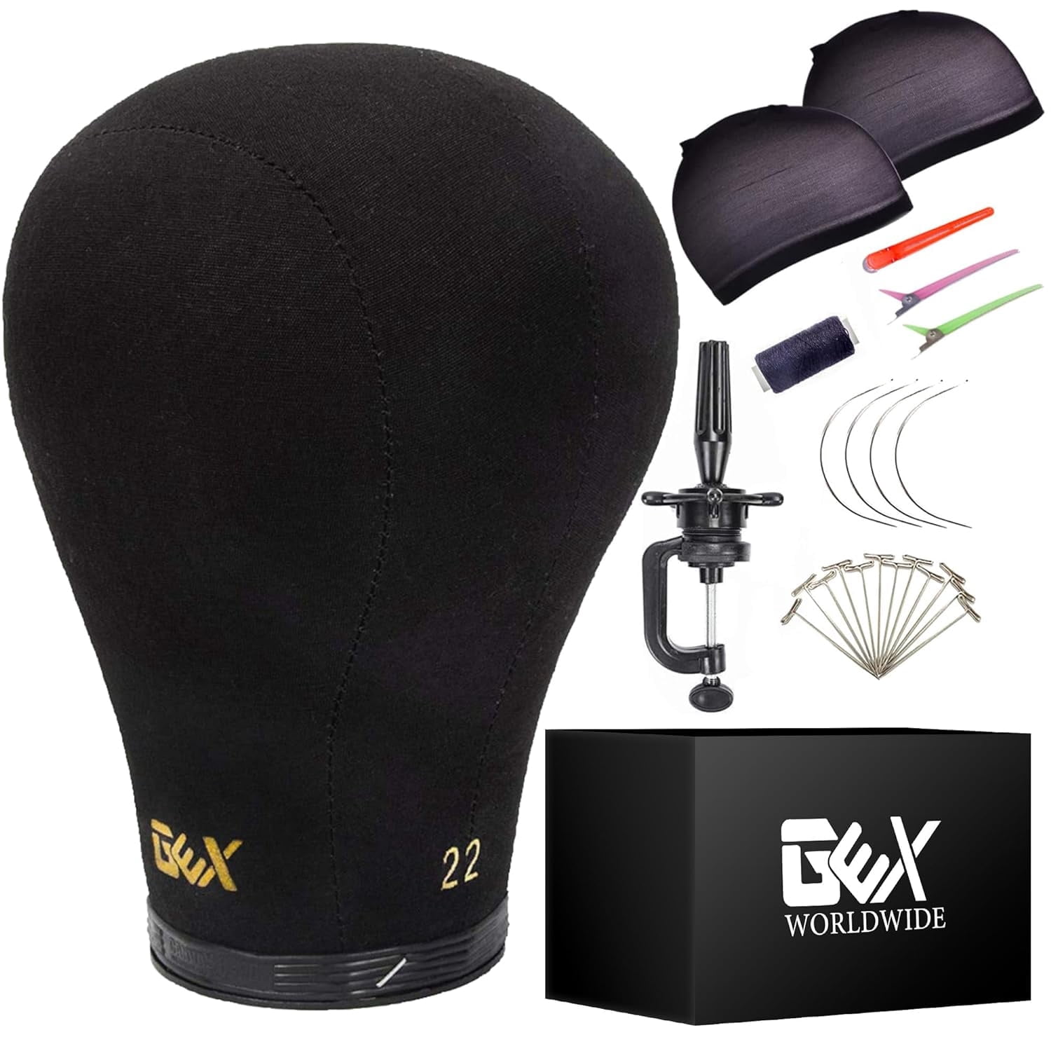Gex Worldwide 20"-24" Cork Canvas Block Head Mannequin Head Wig Display Styling Head With Mount Hole and Accessories (23") Black