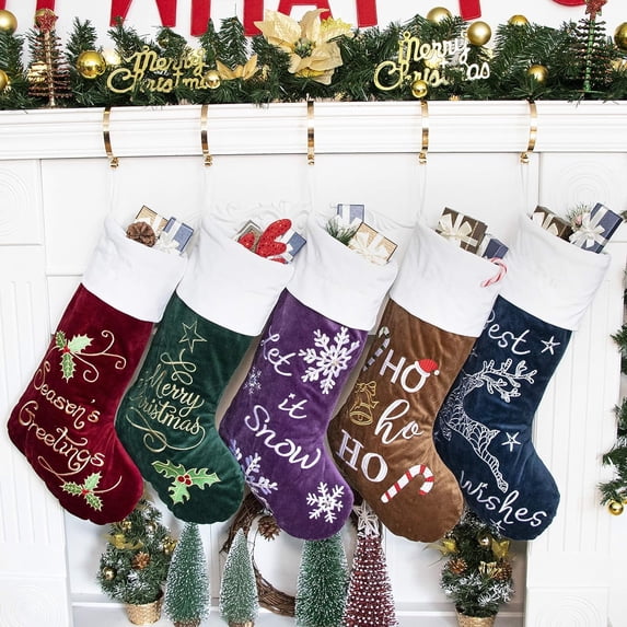 Gex Worldwide 2025 Multi-color Plush Embroidery Classic Luxury Velvet Large Fireplace Christmas Stockings, 22" (5 Count)