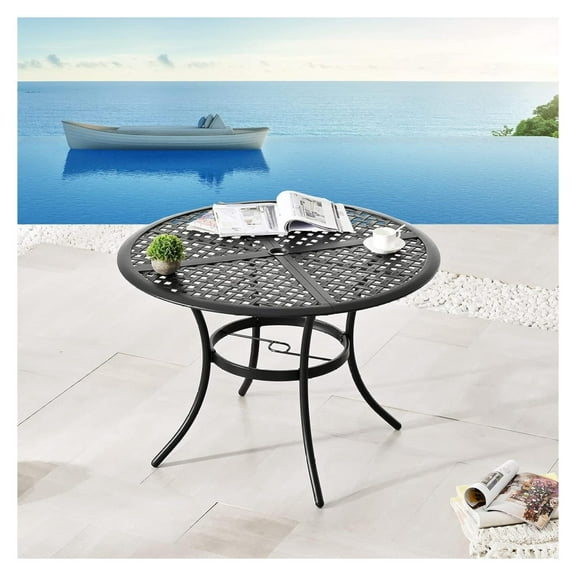 Gexandy 42.1'' Patio Dining Metal Round Table with 2.04'' Umbrella Hole & Mesh Top Outdoor Furniture for Deck Garden Porch, Black, PF19220