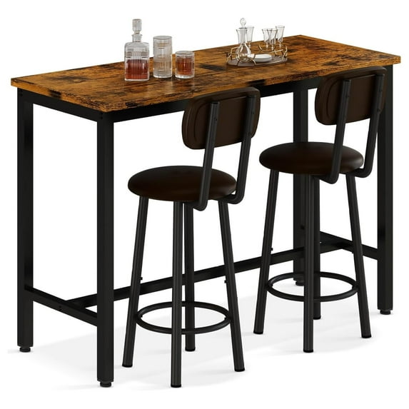 Gexandy 47.2" Bar Table Set of 2,Pub Height Table & 2 PU Upholstered Stools with Backrest,3 Piece Breakfast Bar Table Sets,for Living Room,Kitchen,Bar,Rustic Brown & Black & Brown