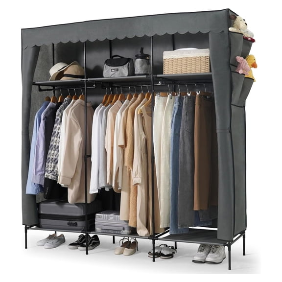 Gexandy 67-Inch Clothing Rack with Cover, Portable Closet Wardrobe, Covered Garment Rack for Hanging Clothes, 285LB Capacity Heavy-Duty Metal Frame Clothes Organizer Rack with Storage Shelves