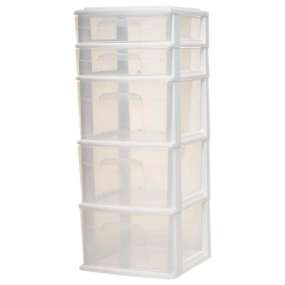 Gexandy Plastic 5 Clear Drawer Medium Home Organization Storage Container Tower with 3 Large Drawers and 2 Small Drawers, Black Frame