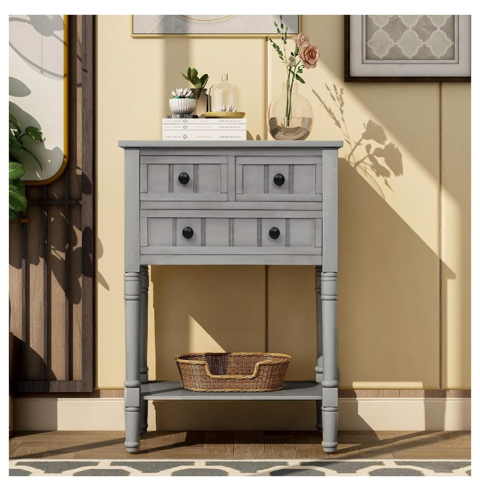 Gexandy Slim Antique Entry Console Table with Drawers & Bottom Open ...