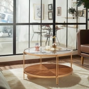 Gexpusm 32Round Glass Coffee Table,Wood,Double Layer, Modern, Metal Frame, Gold