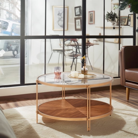 Gexpusm 32"Round Glass Coffee Table,Wood,Double Layer, Modern, Metal Frame, Gold