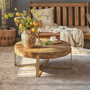 Coffee Table,Gexpusm 32 Round Wood Center Table for Living Room, Mid Century Modern Farmhouse Round Coffee Table with Gold Metal Legs, Brown