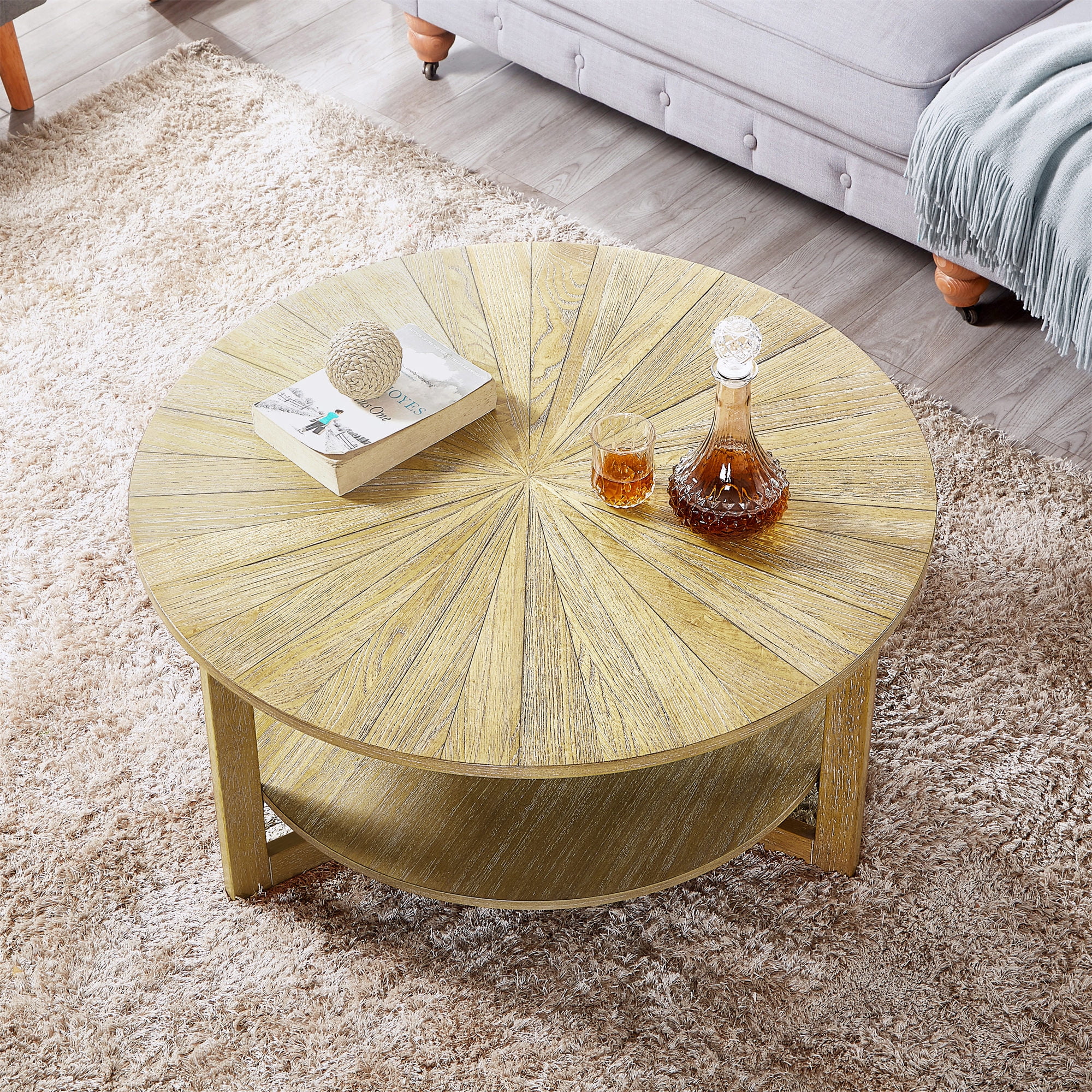 Round Coffee Table for Living Room with 2-Tier Storage Shelf Ebern Designs Color: Beige