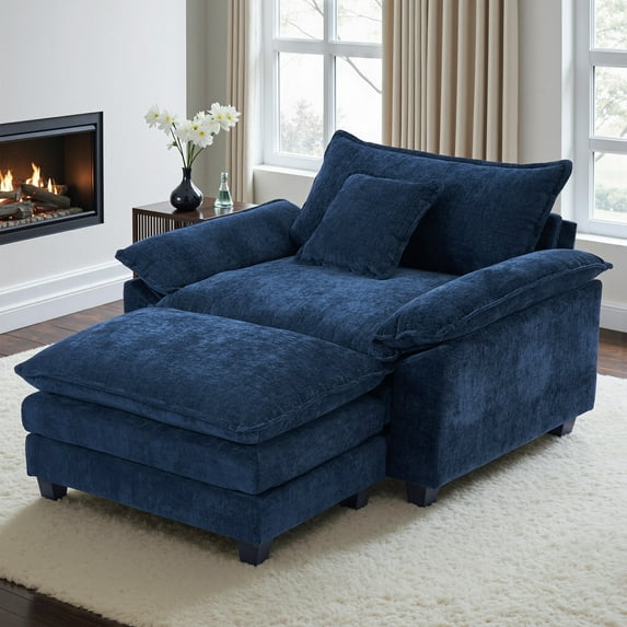 Gexpusm 40" Chenille Accent Chair with Ottoman - Ultra-Comfy Single Sofa Chair for Living Room, Bedroom & Apartment, Dark Blue, Ideal for Reading and Relaxing