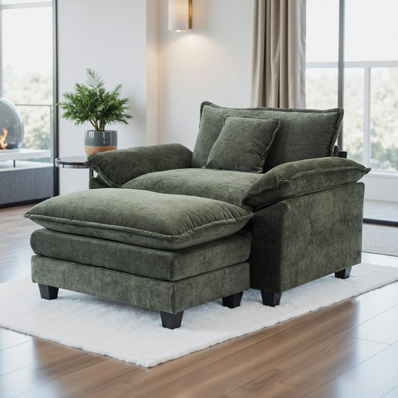 Gexpusm 40" Chenille Accent Chair with Ottoman - Ultra-Comfy Single Sofa Chair for Living Room, Bedroom & Apartment, Green, Ideal for Reading and Relaxing