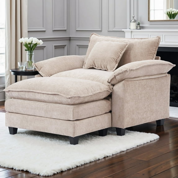 Gexpusm Accent chair Ottoman Set, Oversized 40" Single sofa with Chaise for Convertible Chenille Sofa Set Living Room,Comfy Deep Seat Reading Sofa for Bedroom Apartment Small Space,Khaki