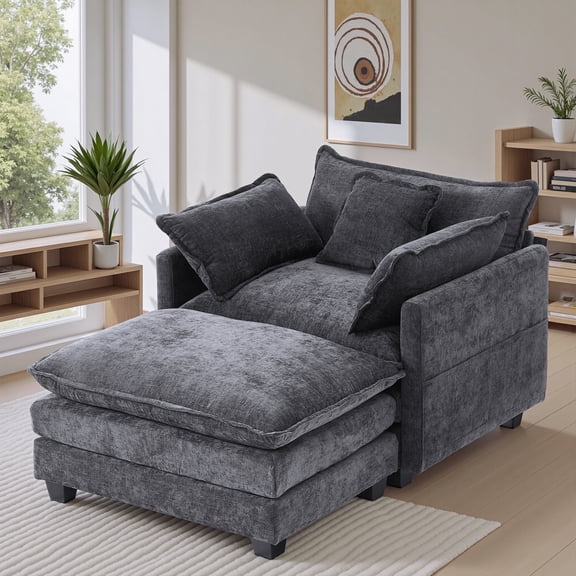 Gexpusm 40'' Oversized Chair with Ottoman,Wide Modern Accent Chair & Single Sofa Lounge for Living Room, Chenille Oversized Armchair with 3 Pillows,Gray