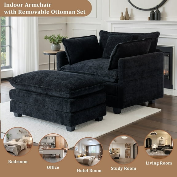 Gexpusm 40'' Wide Modern Accent Chair & Single Sofa Lounge for Living Room, Chenille Oversized Armchair with Ottoman, Black