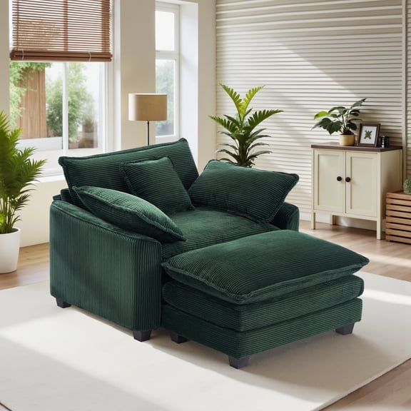 Gexpusm Modern Comfy Living Room Sofa Chair, Corduroy Upholstered Armchair, Compact Reading Chair with Footrest for Living Room, Bedroom and Office,Green