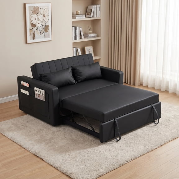 Gexpusm 55" 3 in 1 Convertible Sleeper Sofa Bed, Leather Pull Out Sofa Bed, Loveseat Sleeper, Futon Sofa Couch with Side Pocket for Living Room, Apartment, Bedroom, RV, Black