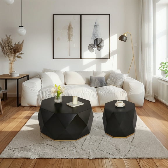 Gexpusm Coffee Table Set of 2, Vintage, Wood Drum Shape,Irregular Three-Dimensional Relief Design,Black