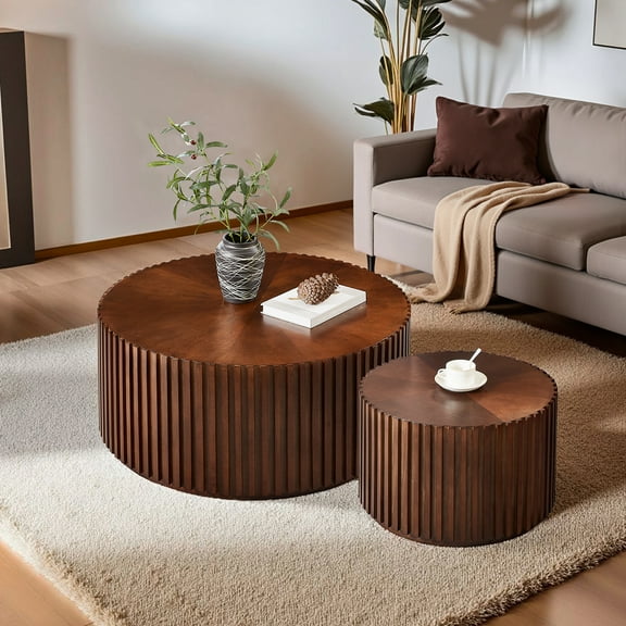 Gexpusm Nesting Coffee Table Set of 2, Handcraft Round Coffee Table with Small End Table, Solid Wood Accent Table for Living Room Bedroom Apartment, Walnut