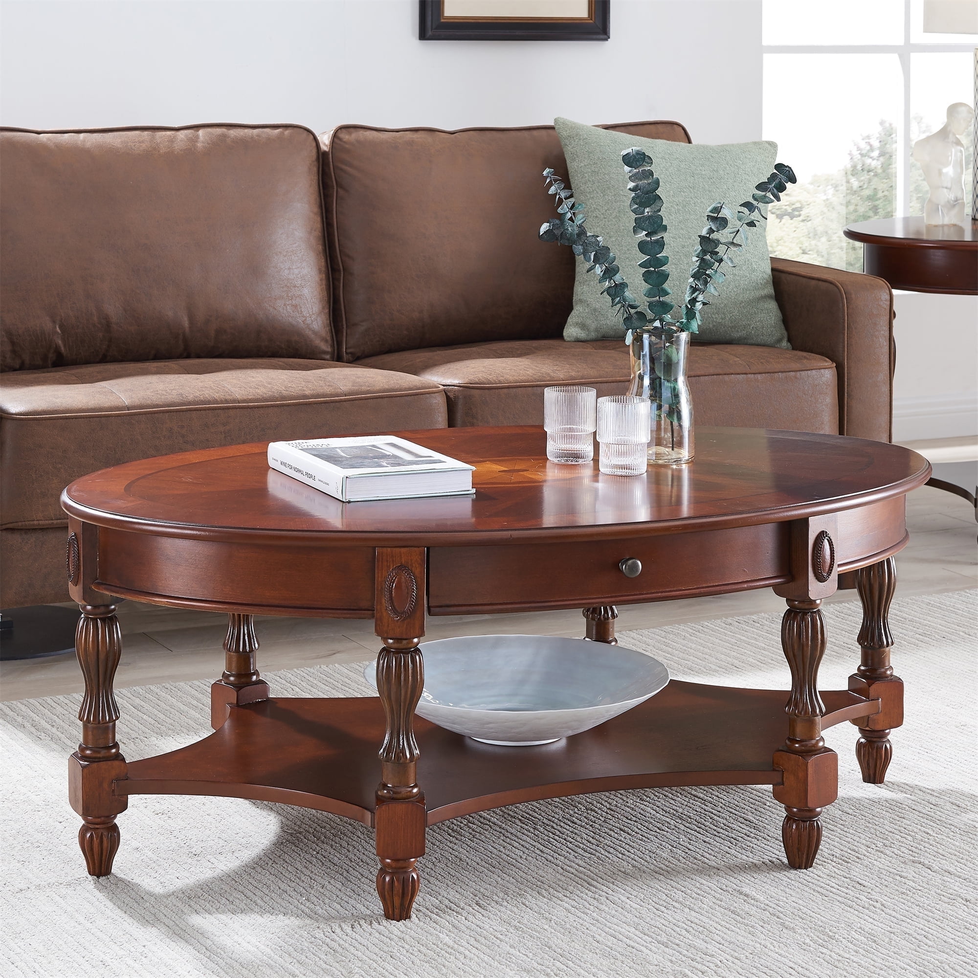 "Gexpusm Top Wooden Oval Coffee Table, 2-Tier Solid Wood 46""L x 18""H ...