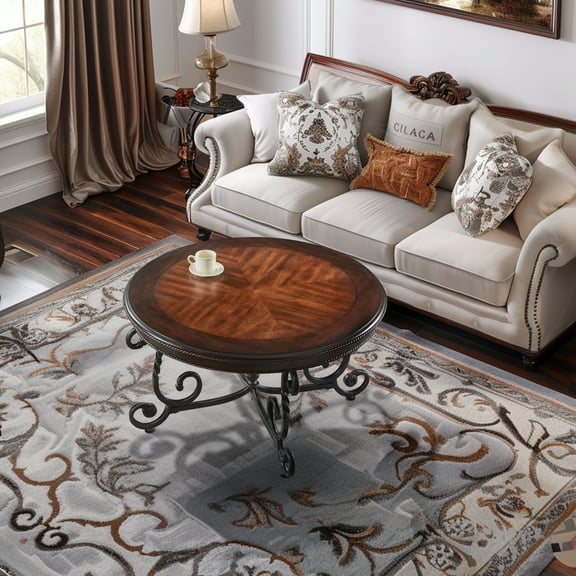 Gexpusm Round Coffee Table, Rustic Farmhouse Solid Wood Coffee Table, Mid-Century Vintage Center Table, Brown/Walnut