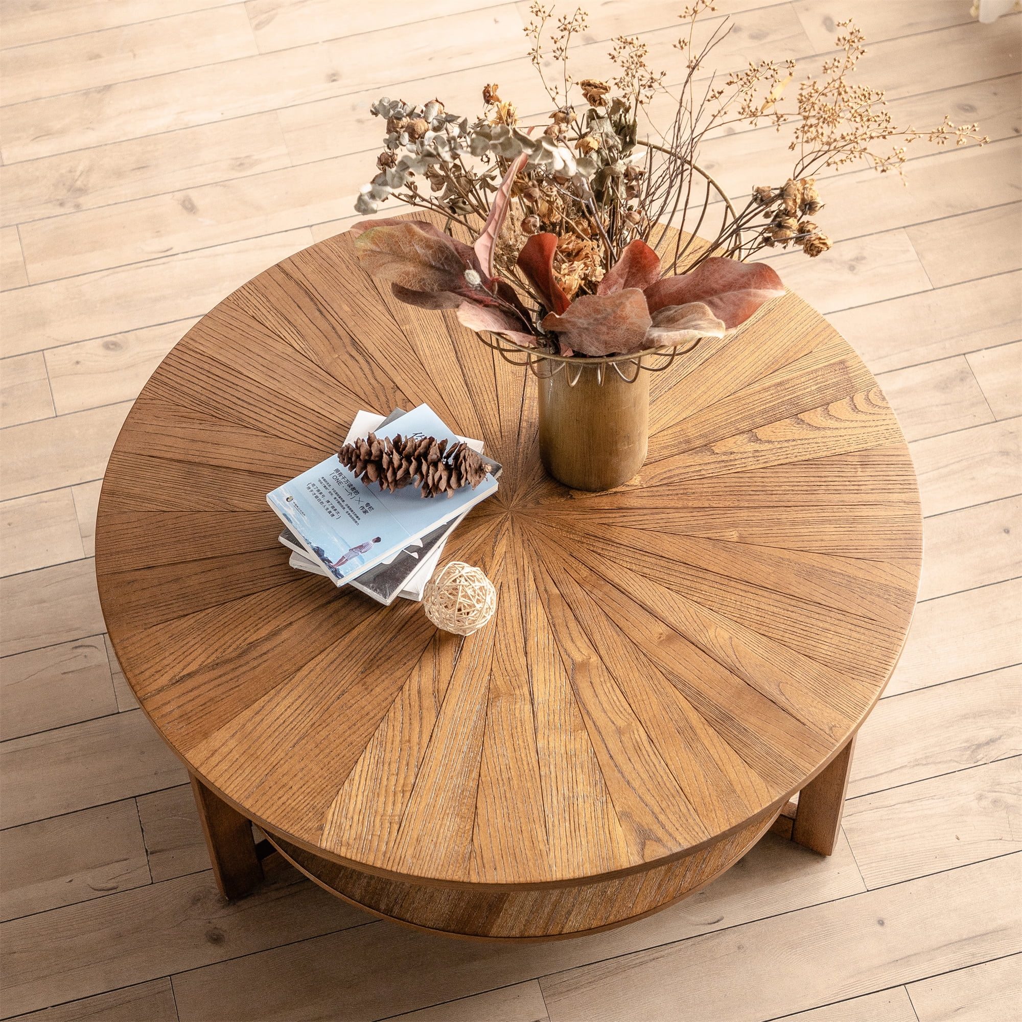 URTR 35.04 in. W Natural Light Brown Small Round Wood Coffee Table with Metal Frame for Living Room, Office, Bedroom