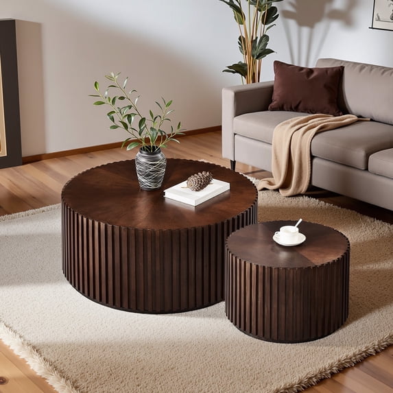Gexpusm Round Coffee Table Set of 2, Handcraft Nesting with Small End Table for Living Room, Apartment,Solid Wood , Chocolate