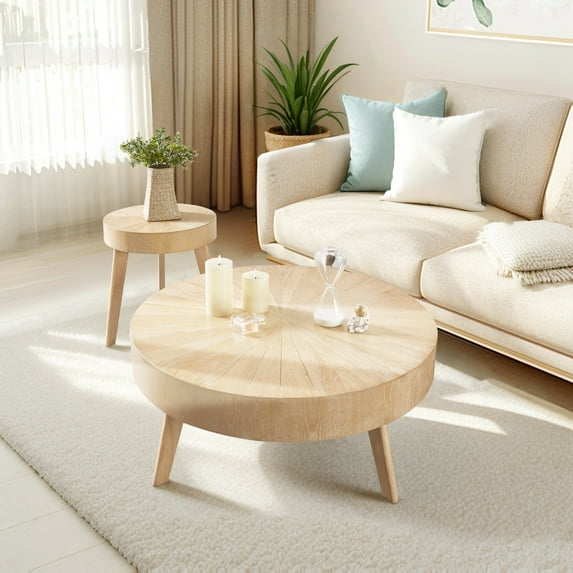 Gexpusm Round Coffee Table Set of 2,Natural Nesting Oak Table,31.5"L x 31.5"W x 14.29"H - Light Brown