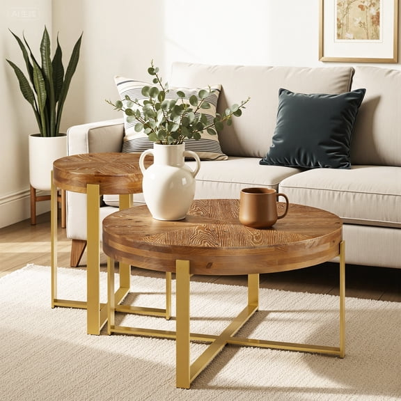 Gexpusm Round Coffee Table Set of 2, Solid Wood Farmhouse End Table Set with Metal Leg, Rustic Circle End Table Set for Living Room