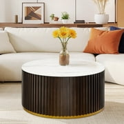 Gexpusm Round Coffee Table with Storage, Wooden Cover, Marble Finish, Brown/White
